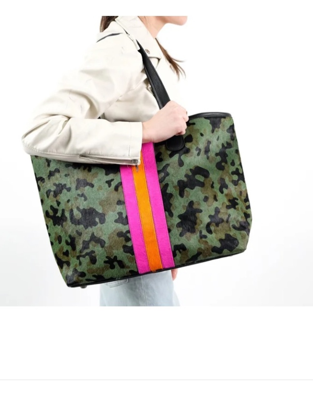 Parker & Hyde Green Camo Tote with Pink & Orange Stripe